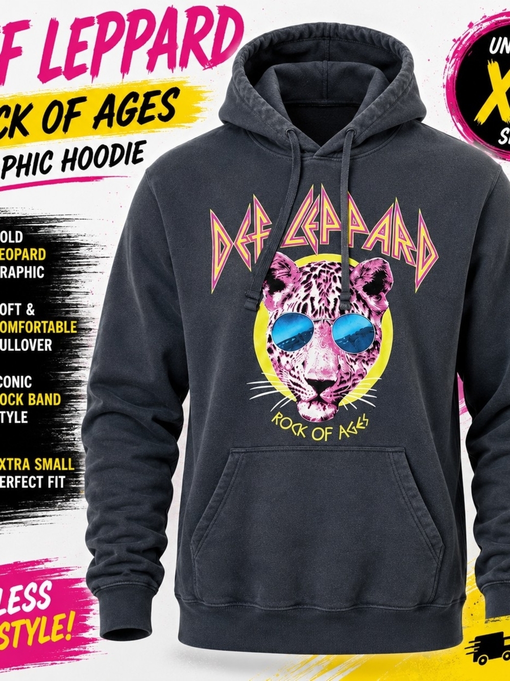 Def Leppard Rock Of Ages Hoodie Sweatshirt Gray Leopard Graphic XS Band Pullover